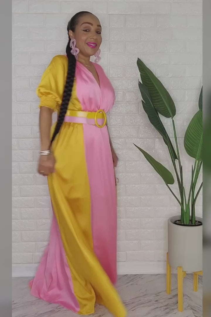 020123 Golden Mustard & Pink Colorblock Maxi Dress