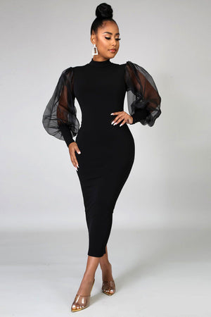 11122021 Back Puffy Slitted Lace Sleeve Fashion Midi Dress