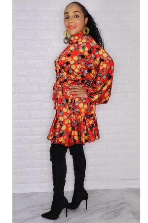 101922 The Red Multi Satin Long Sleeve Dress