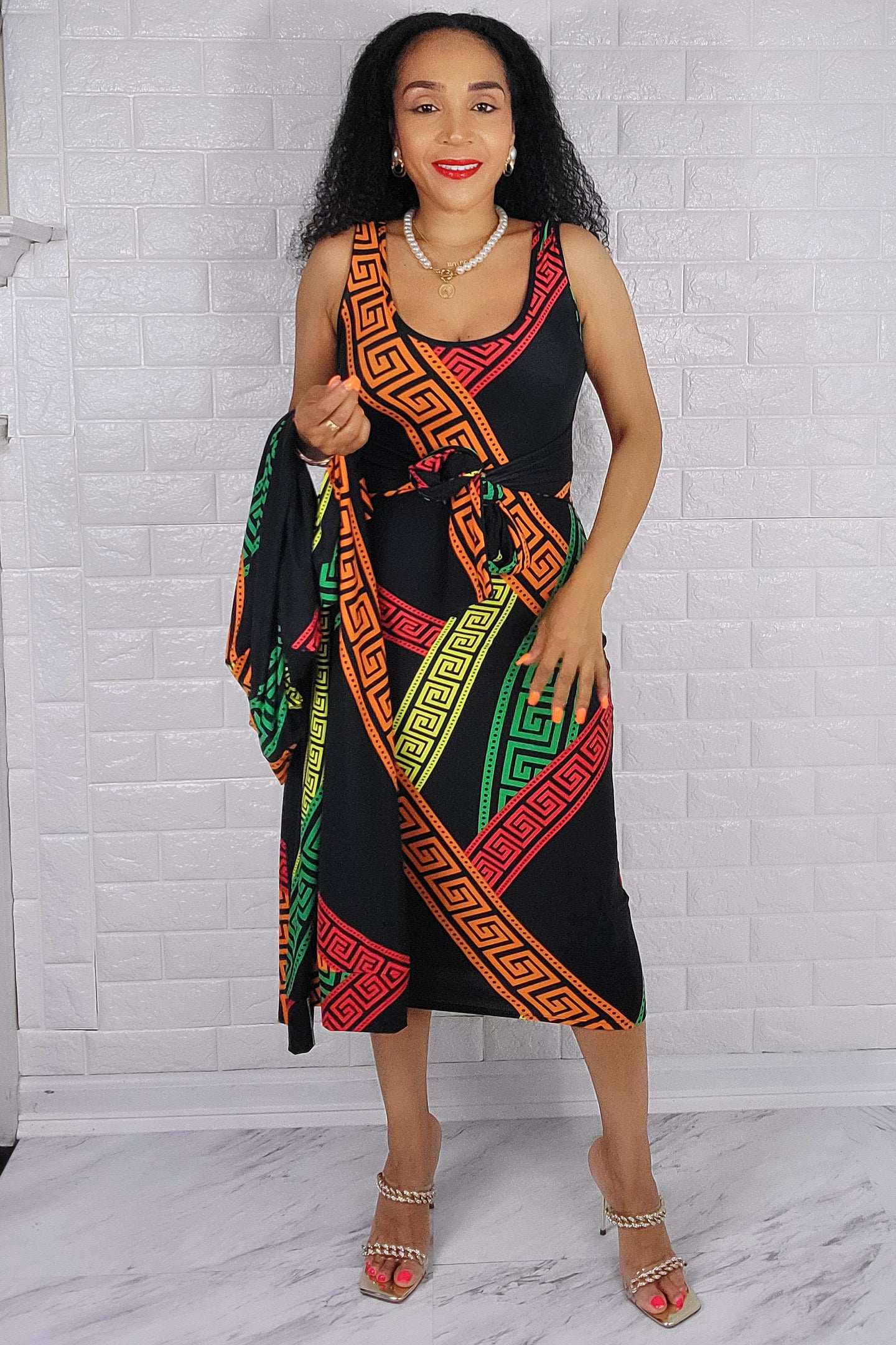 05042022 Green & Orange Multi Print 2 Pc Duster & Dress