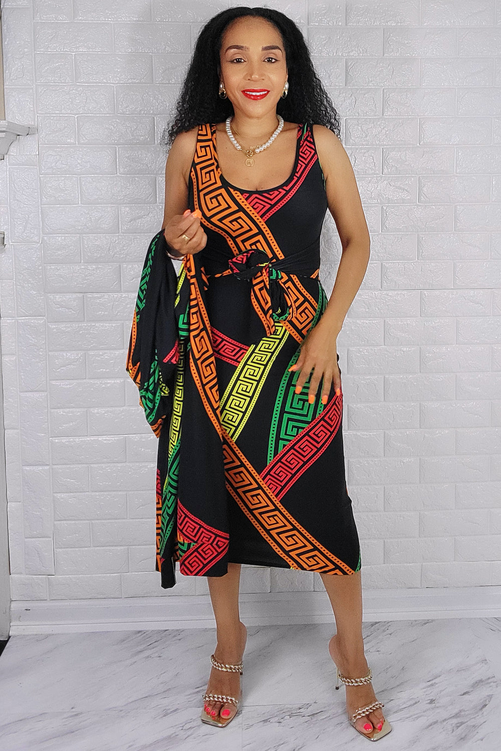 05042022 Green & Orange Multi Print 2 Pc Duster & Dress