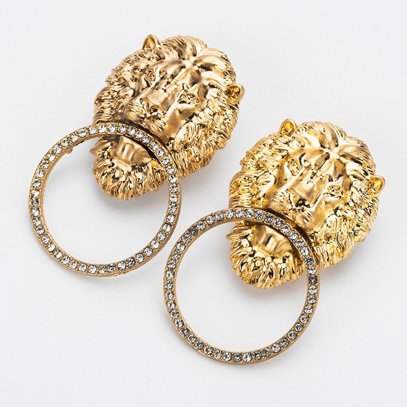 Gold Antique  Lion Head With Rhinestone Circle  Earrings
