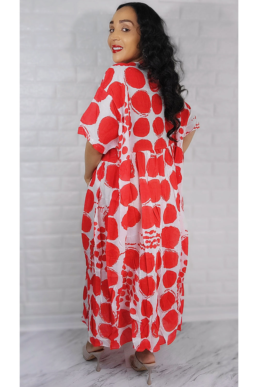 White/Red Polka Dot 1/2 Sleeve Midi Overflow Dress ONE SIZE FIT ALL(S to 2XL)