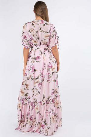 Pink Floral Chiffon Ruched Sleeve Detail V Neck Ruffled Maxi Dress