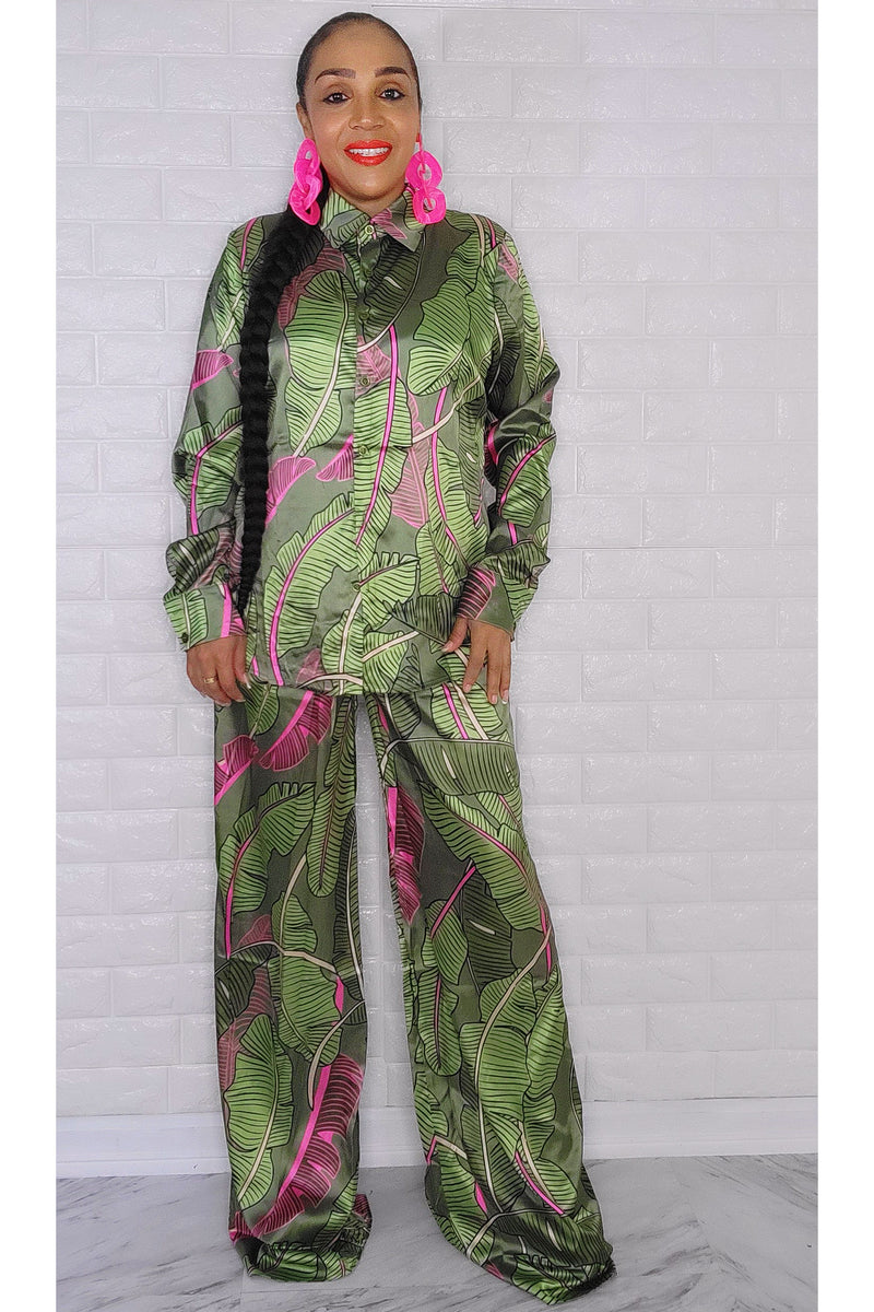 112122 Green and Pink Multi Print Non Stretchy Two Piece Set
