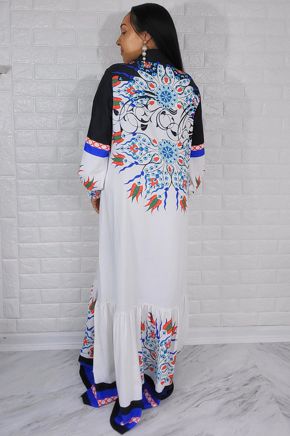 011123 My Lovely White with Florals Pattern Long Sleeve Maxi Dress