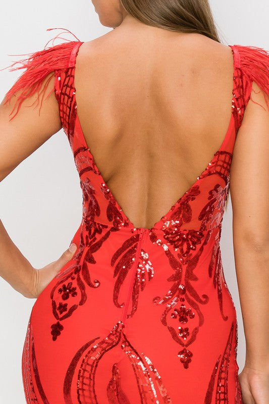 121022  Red Sequin Feathers Sleeve Mermaid Maxi dress