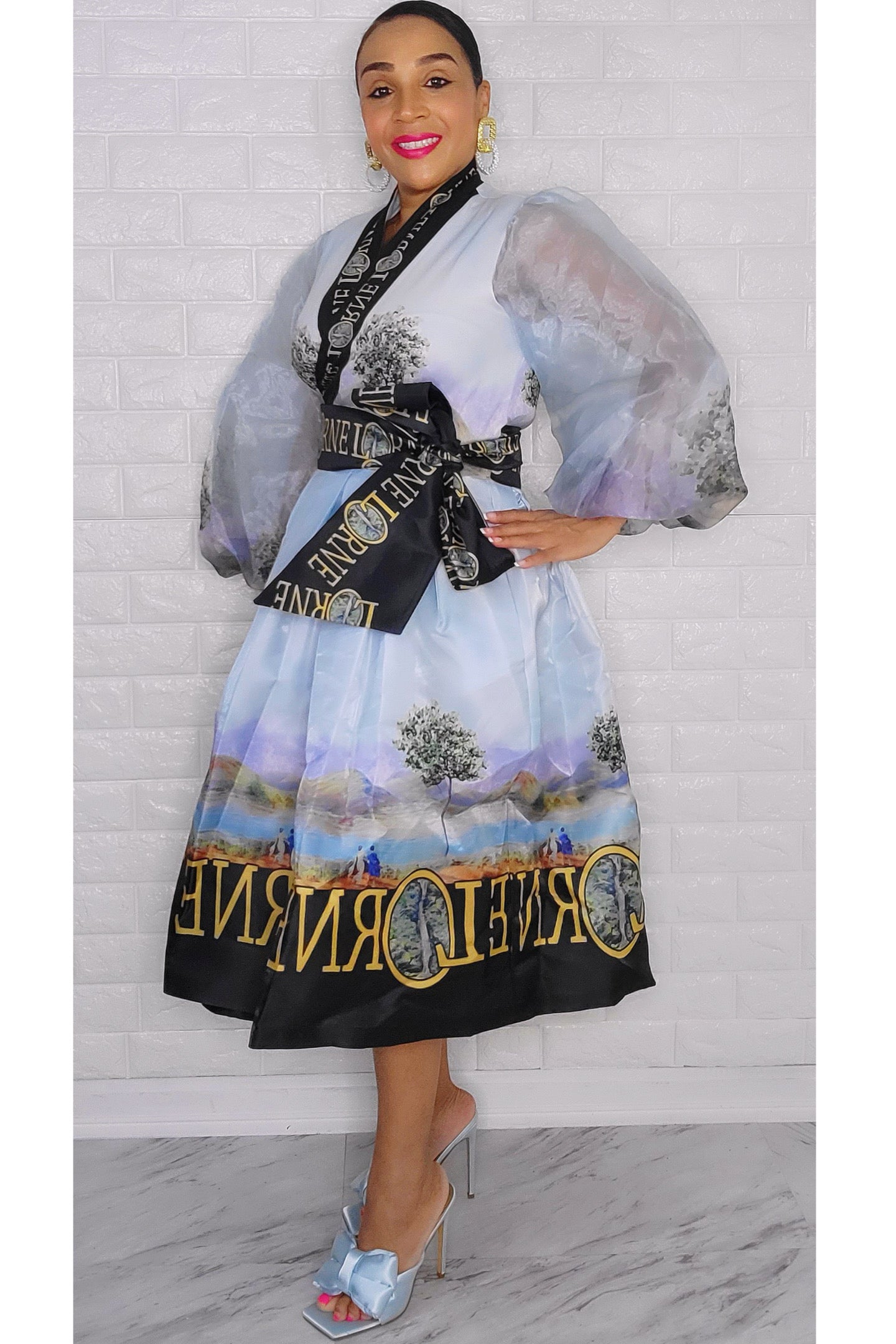 021223 The light Blue French Plain Print Wrap Short Dress