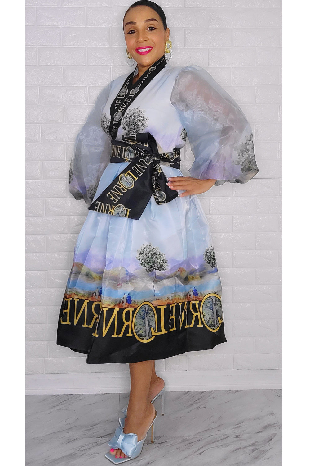 021223 The light Blue French Plain Print Wrap Short Dress