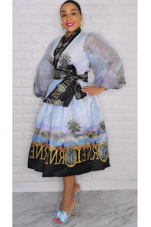 021223 The light Blue French Plain Print Wrap Short Dress