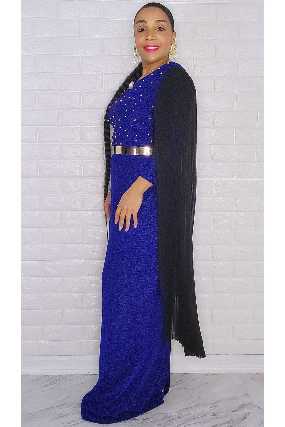 110522 Miss Extra Long Sheer Sleeve Royal Blue Dress