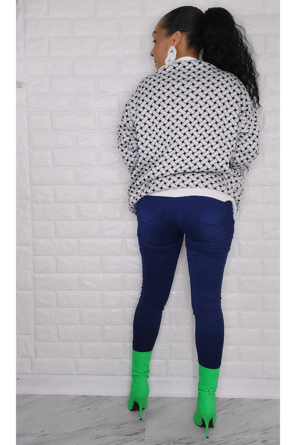 011023 White/Black Print Front Button Down Sweater One Size Fit All