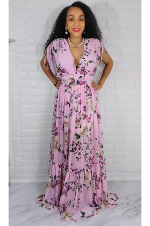 Pink Floral Chiffon Ruched Sleeve Detail V Neck Ruffled Maxi Dress