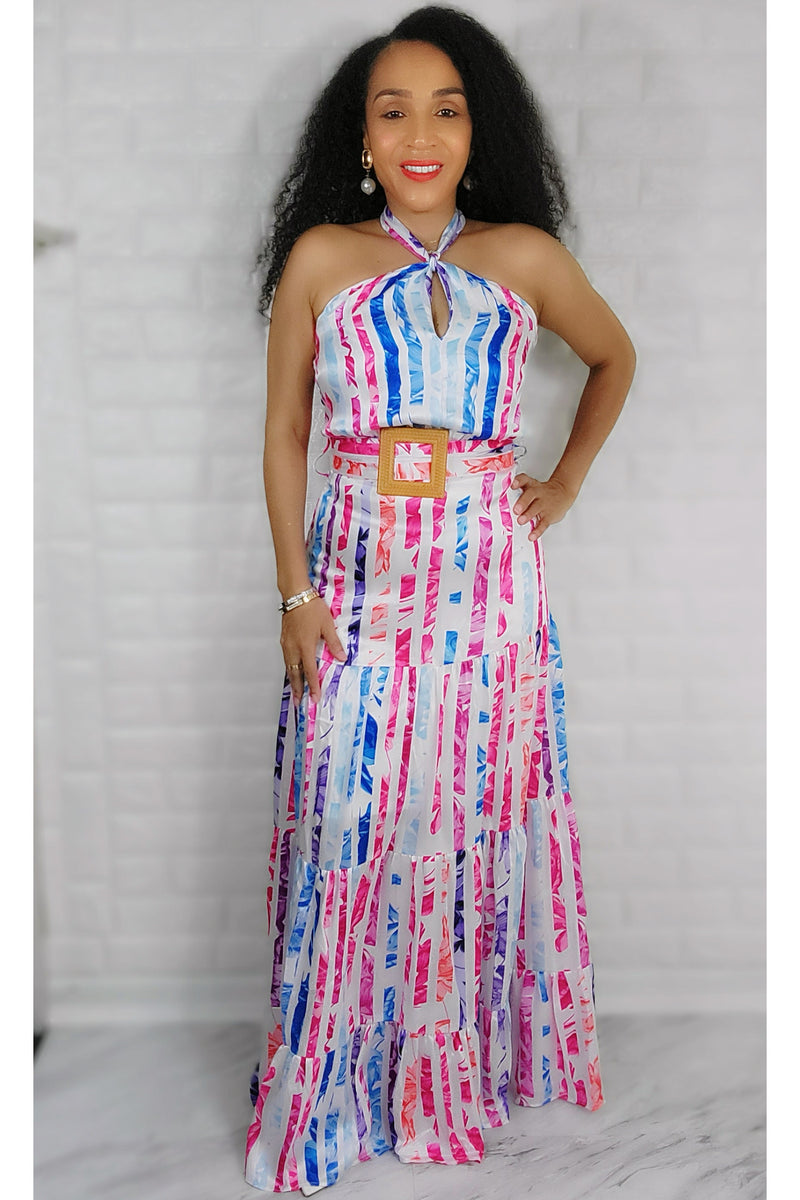 04/26/2022 Blue Multi Color Stripe Printed Maxi Dress Small 04/26/2022 Blue Multi Color Stripe Printed Maxi Dress Small