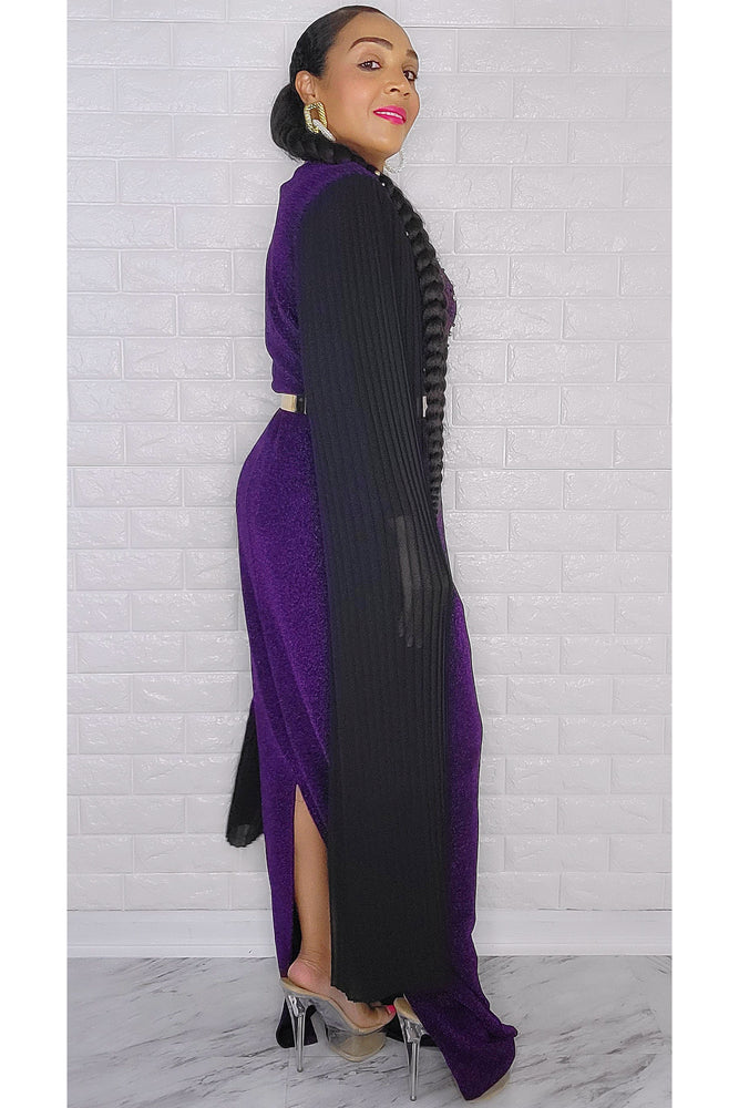 110522  Miss Extra Long Sheer Sleeve Purple Dress