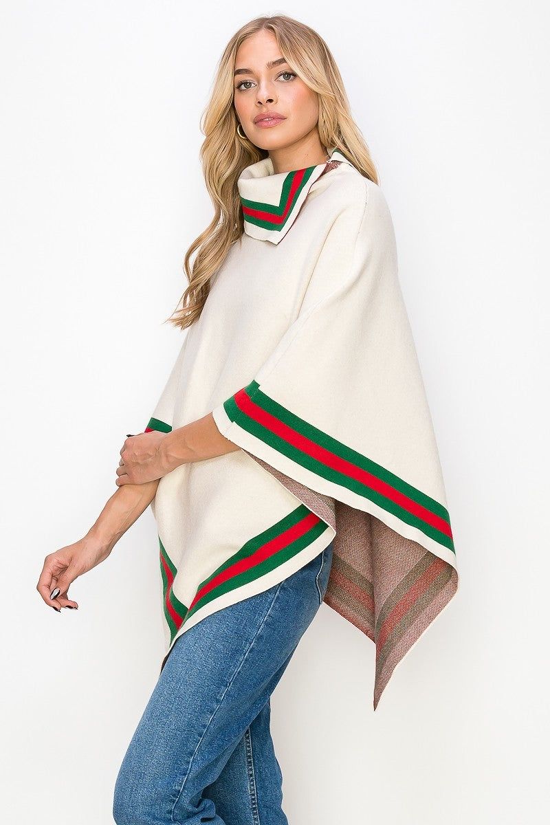 102622 The Ivory Knitted Poncho with Side Color One Size Fit All