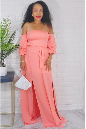 O62922 Celine Coral Off the shoulder Maxi Dress