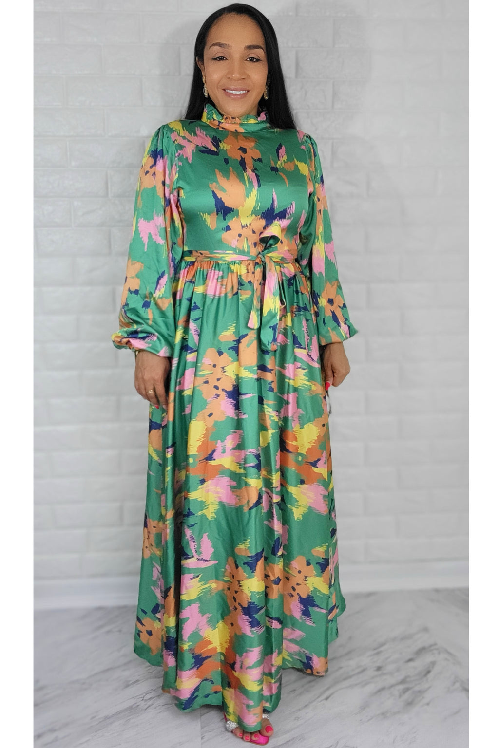 05032022 The Green Colorful Garden Long Sleeve Maxi Dress