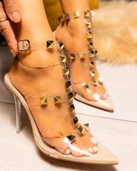 102021 Golden Hour Pointed Toe Stud Caged Clear Heel