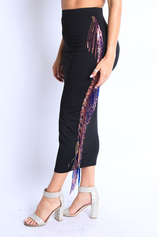 11122021 Black Sequins Fringe Maxi Skirt