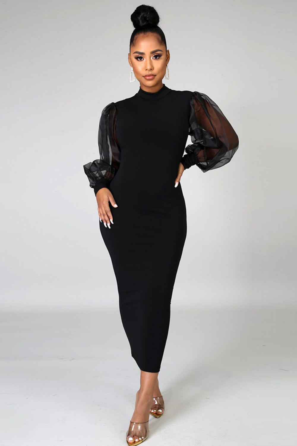 11122021 Back Puffy Slitted Lace Sleeve Fashion Midi Dress