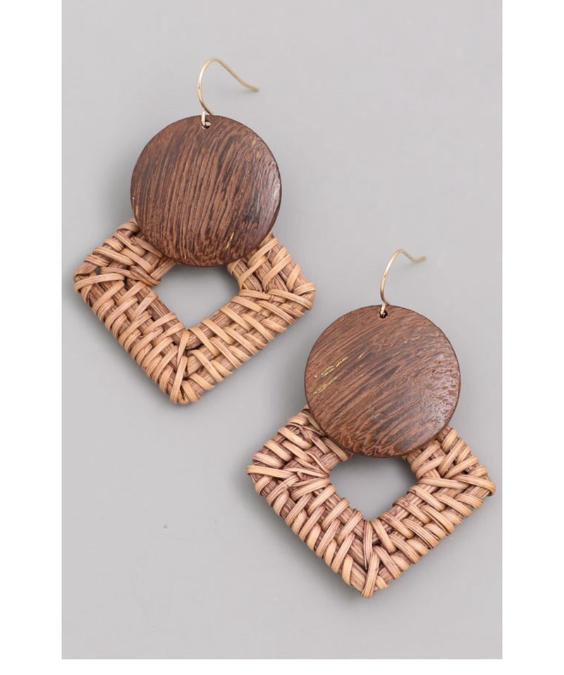 061322 Bamboo Wooden & Woven Geometric Earrings