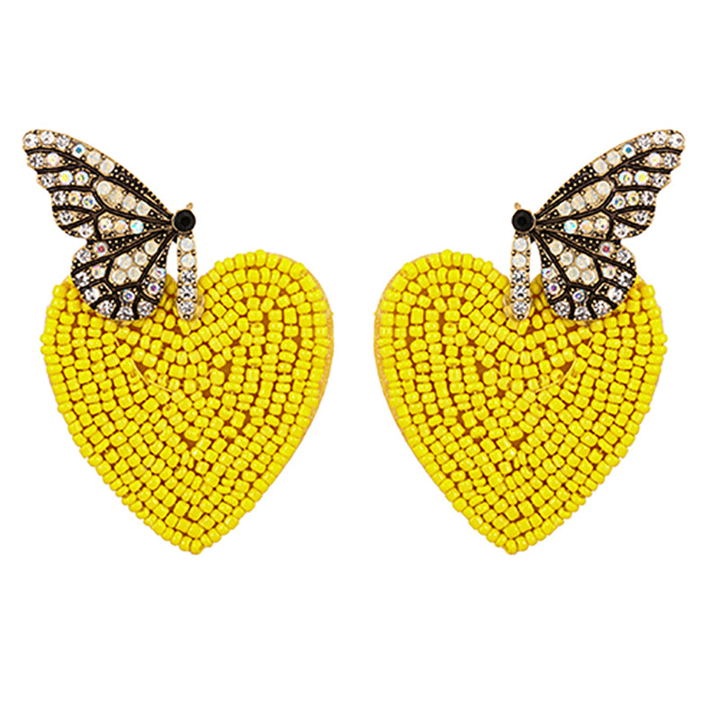 061322 Yellow Beads Butterfly Statement Earrings