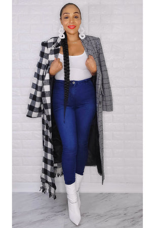 111922 Black and White Contrast Plaid Color Block Fringe Coat