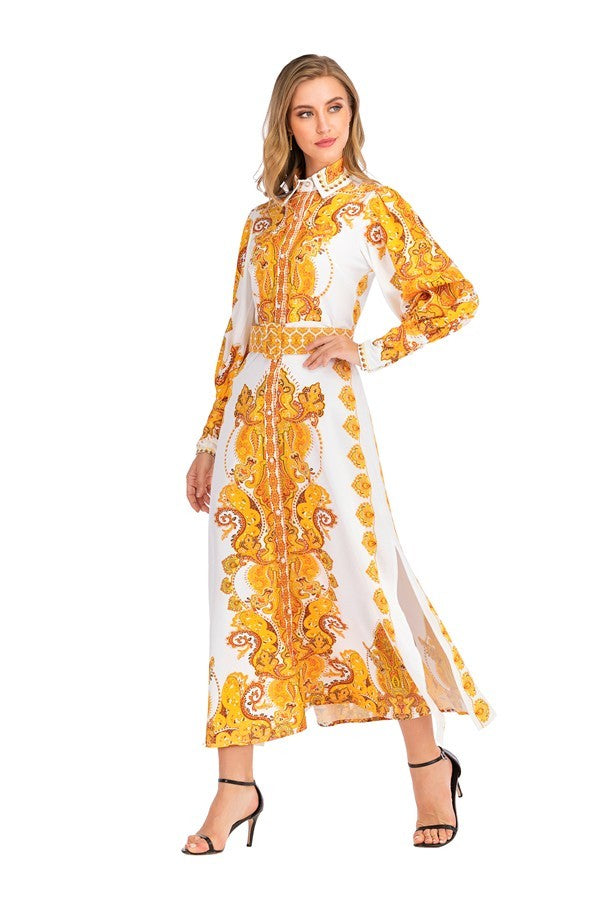 10052021 White & Gold Multi Print Long Sleeves Dress