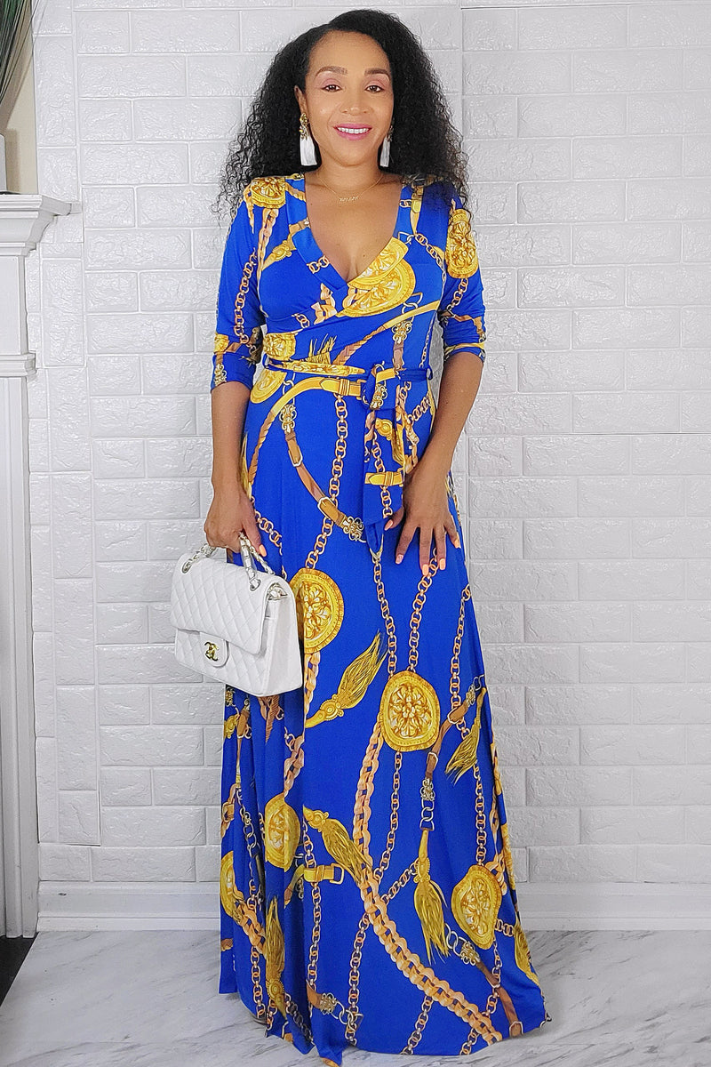 061522  Royal Blue With Chains Print Maxi Dress