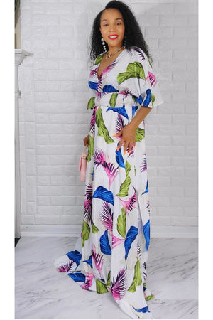 060722 White Multi Colors Kimono sleeve floral maxi dress