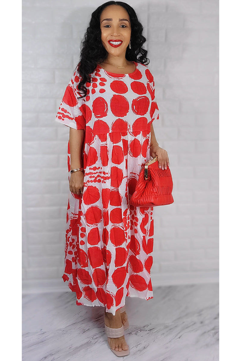 White/Red Polka Dot 1/2 Sleeve Midi Overflow Dress ONE SIZE FIT ALL(S to 2XL)