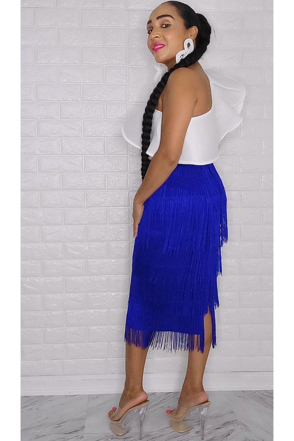 092022 The Royal Blue High Waist Fringe Skirt