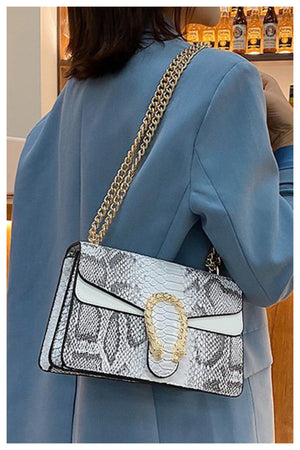 02232022 White/Gray Snake Print w Gold Chain Satchel