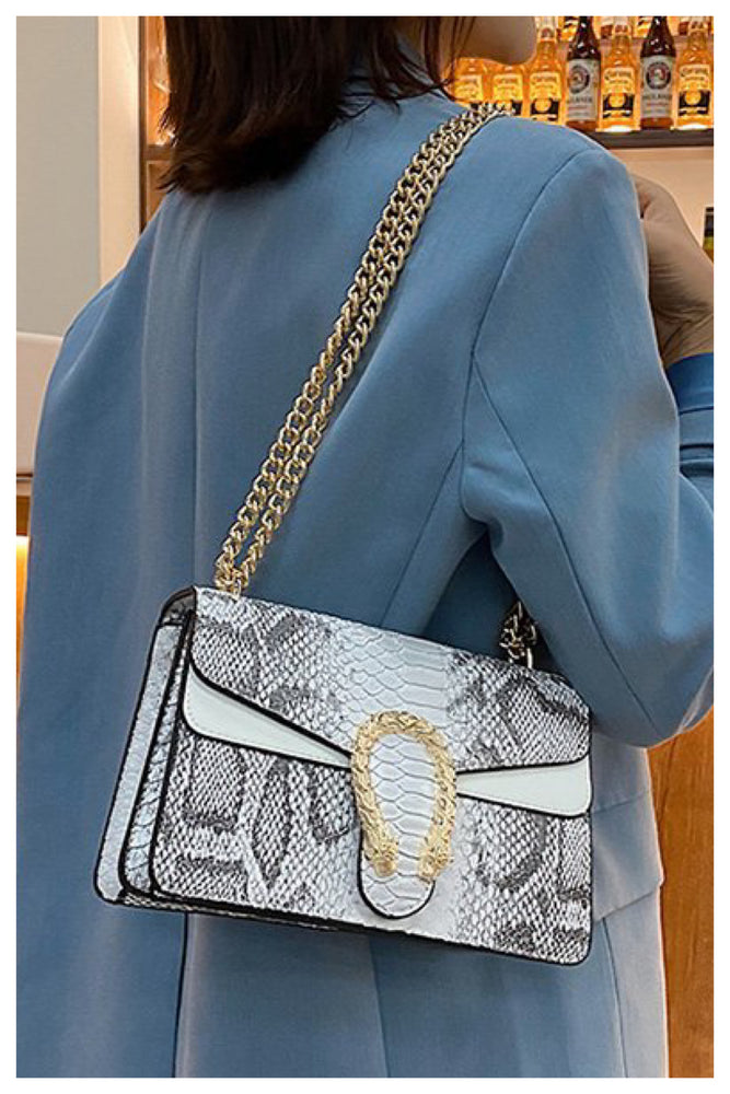 02232022 White/Gray Snake Print w Gold Chain Satchel