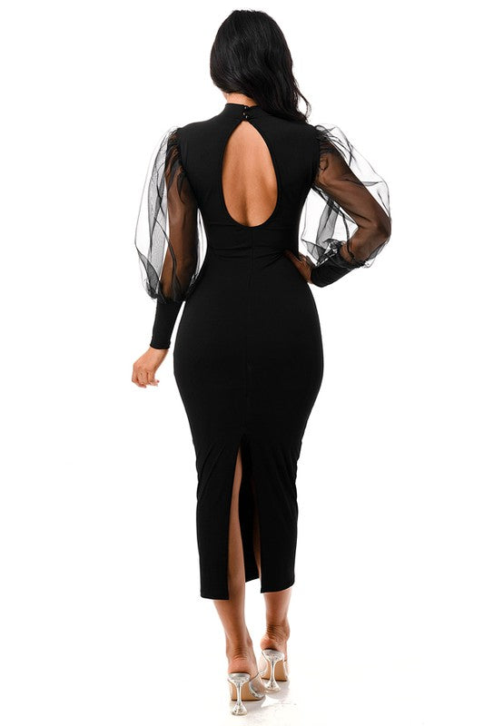 11122021 Back Puffy Slitted Lace Sleeve Fashion Midi Dress