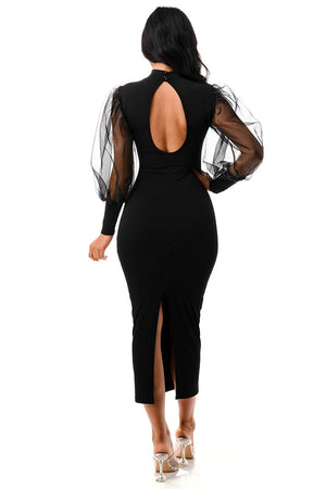 11122021 Back Puffy Slitted Lace Sleeve Fashion Midi Dress