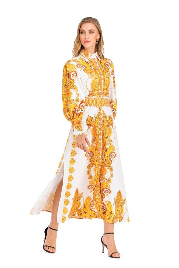 10052021 White & Gold Multi Print Long Sleeves Dress