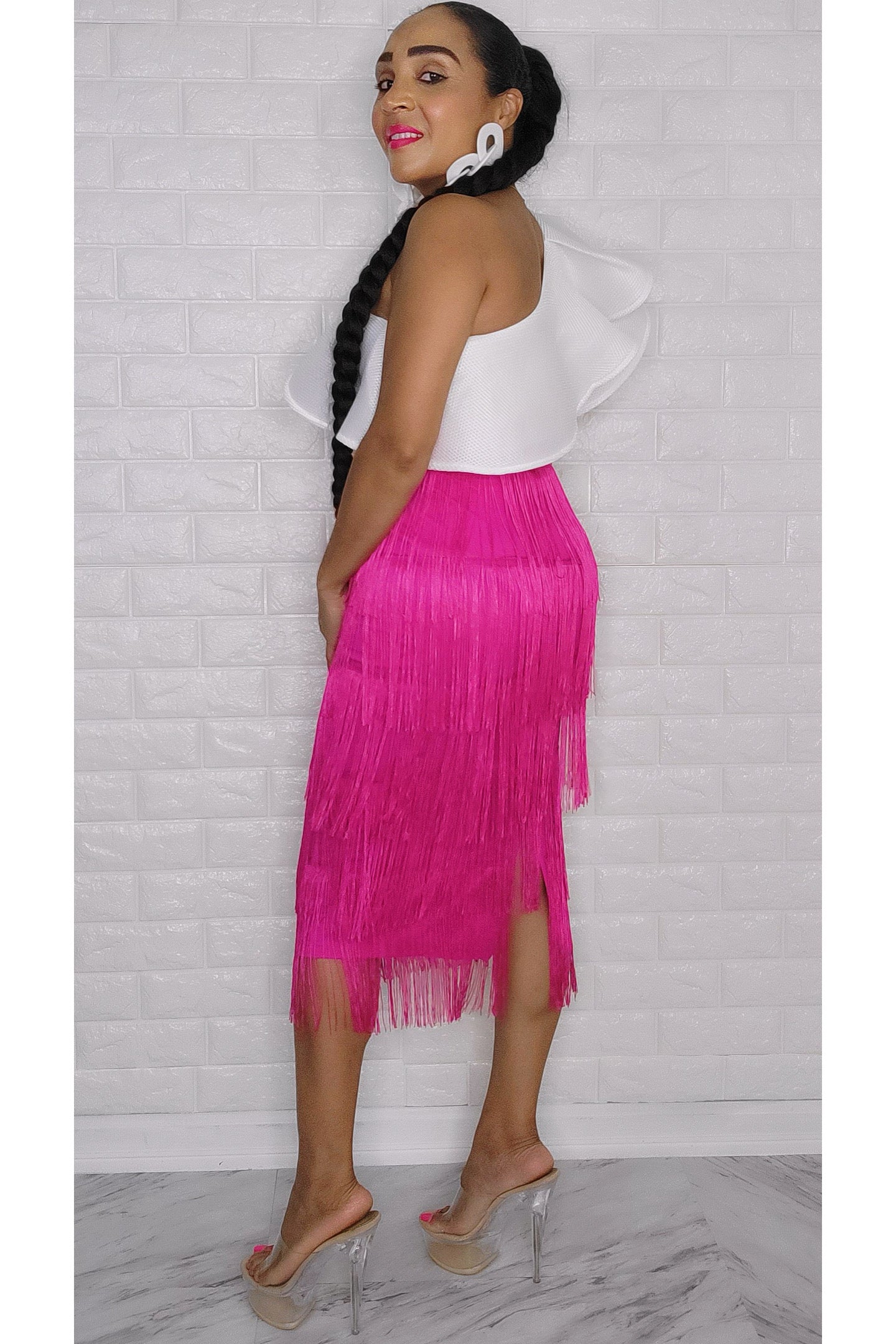 092022 The Fuschia High Waist Fringe Skirt
