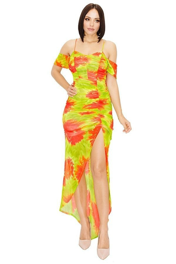 Lime/Orange Floral Off Shoulder Ruched Dress