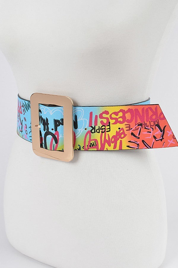 Gold Buckle Multicolor Graffiti Belt (S-M )