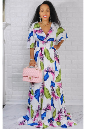 060722 White Multi Colors Kimono sleeve floral maxi dress