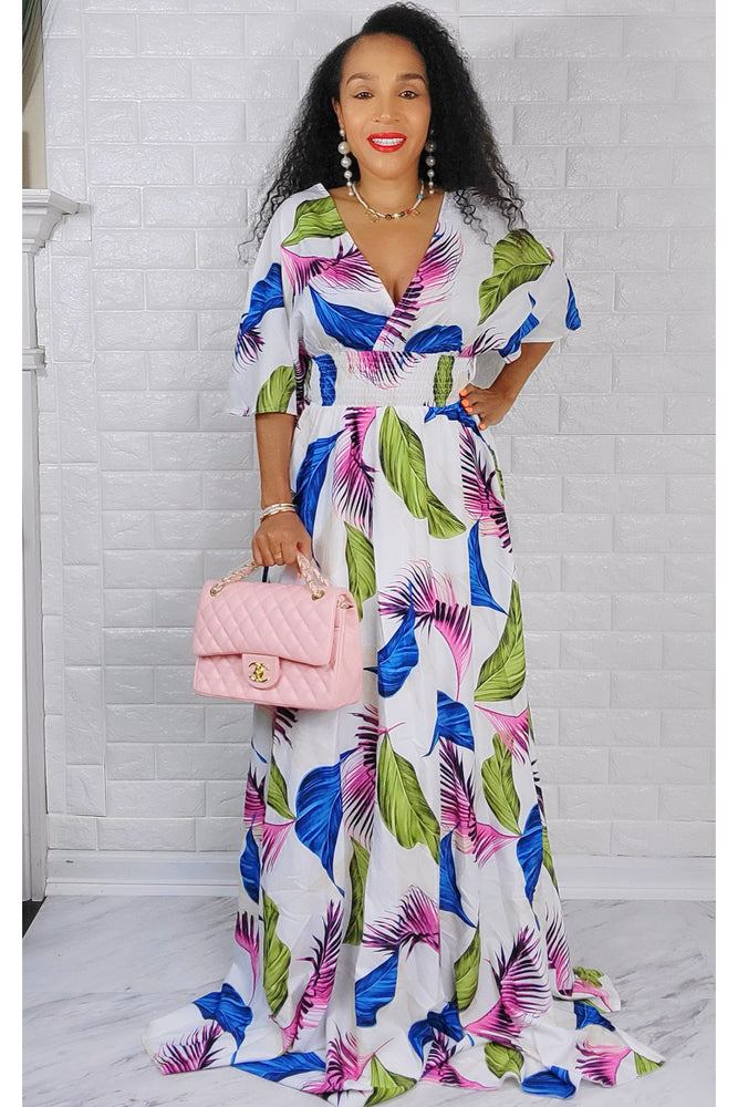 060722 White Multi Colors Kimono sleeve floral maxi dress