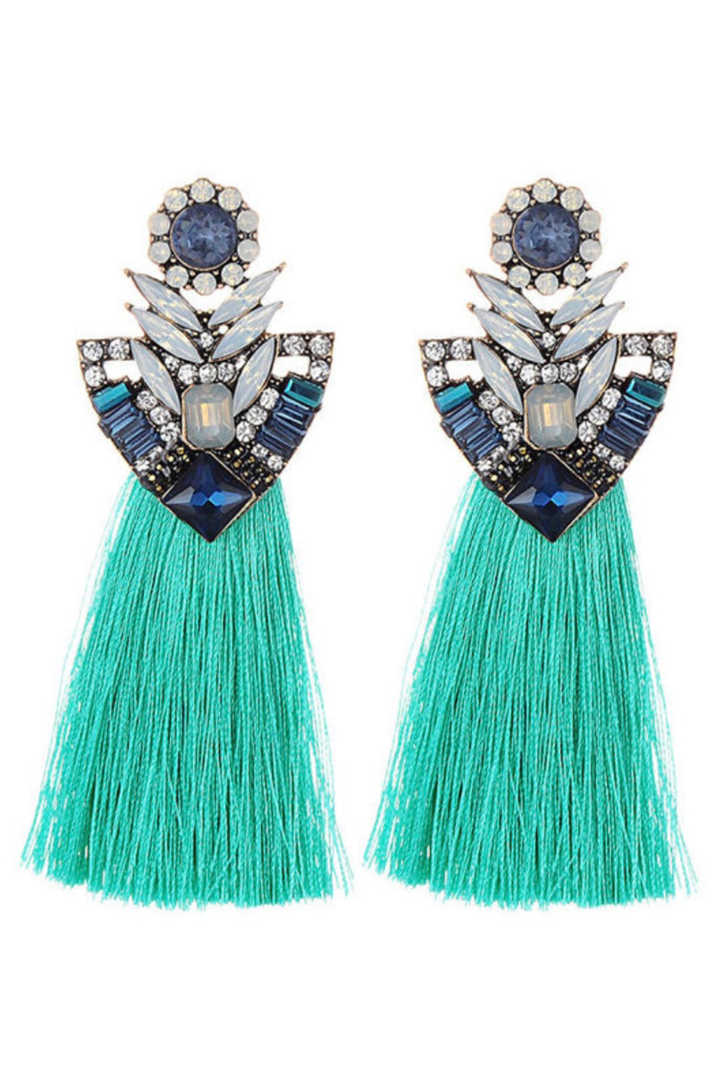 061322 Turquoise Crystal Rhinestone Tassel Earrings