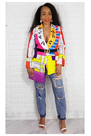 03072022 Yellow/Pink Multi Print Elegance One Button Blazer