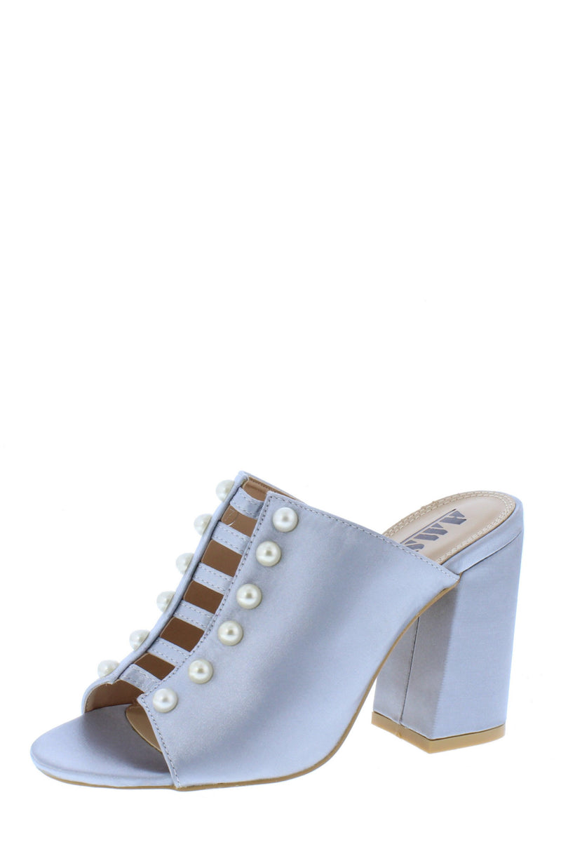 Silver Pearl Cut Out Peep Toe Slide Block Heel