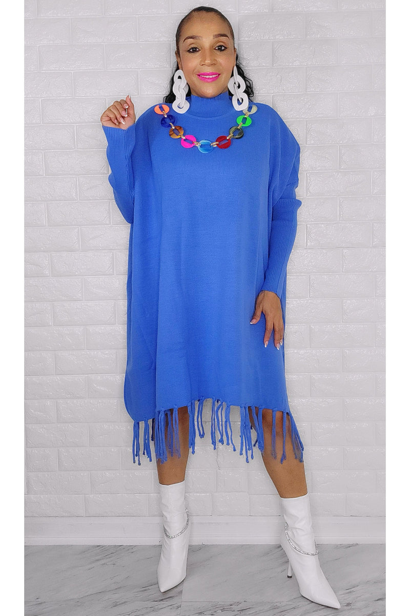 120722 The Blue Cute little Fringe Sweater Dress/Top with Chunky Necklace