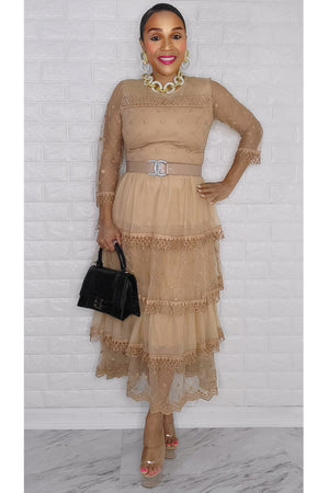 012423 The Beige Lace Ruffle Midi Dress with Belt
