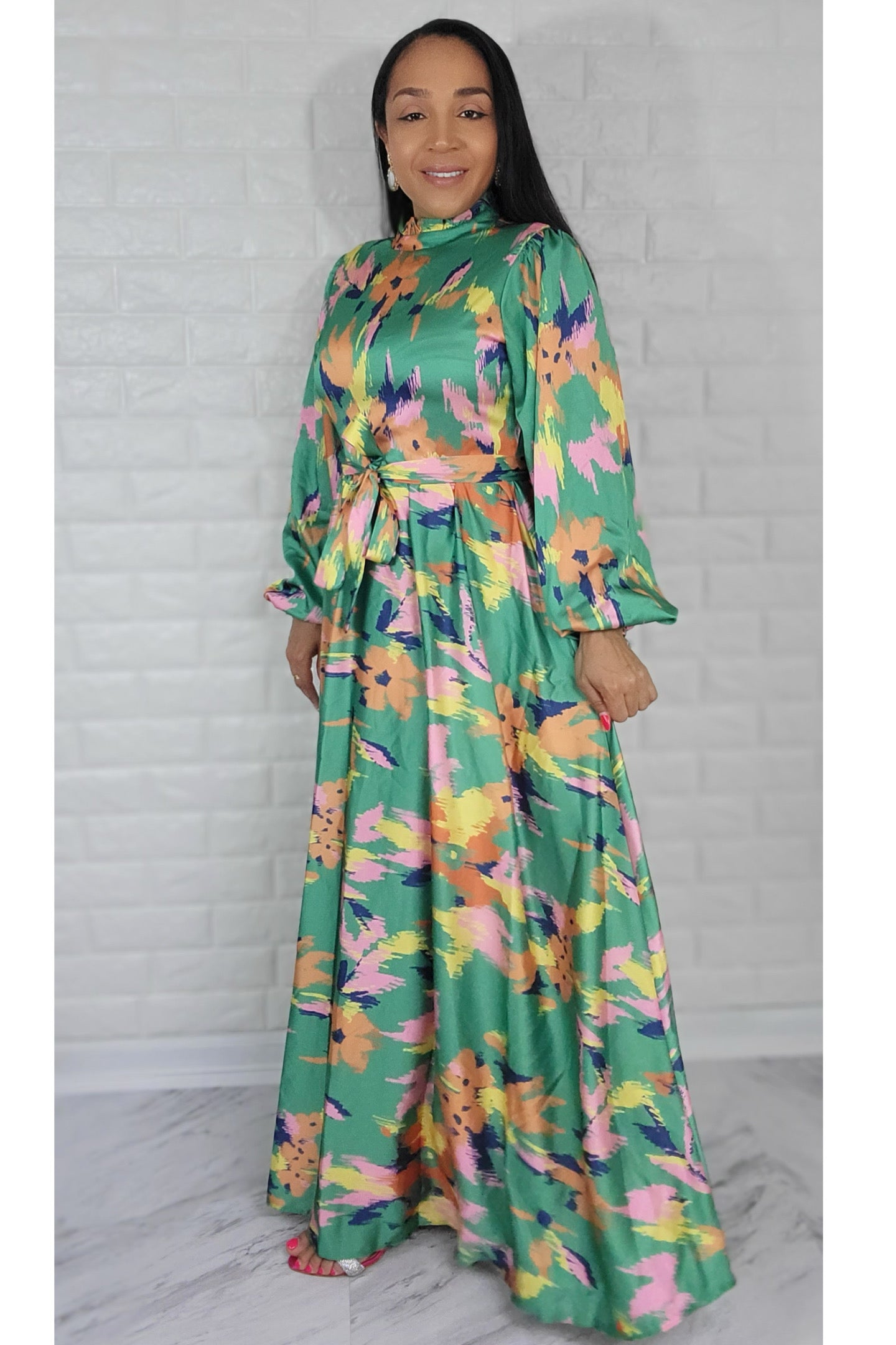 05032022 The Green Colorful Garden Long Sleeve Maxi Dress