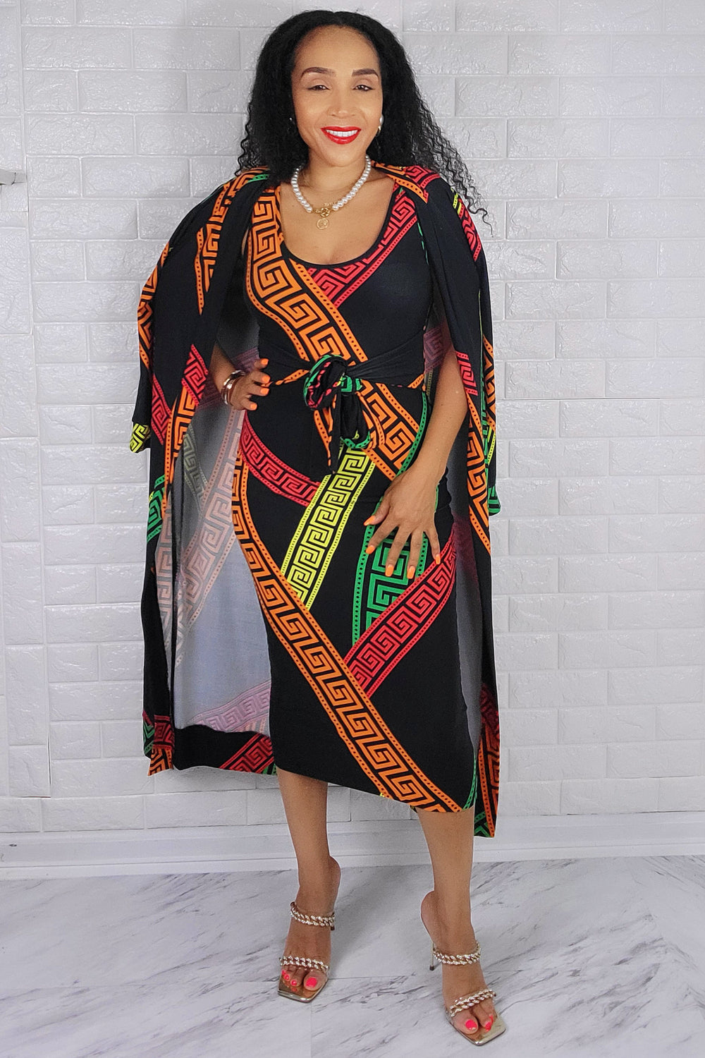 05042022 Green & Orange Multi Print 2 Pc Duster & Dress